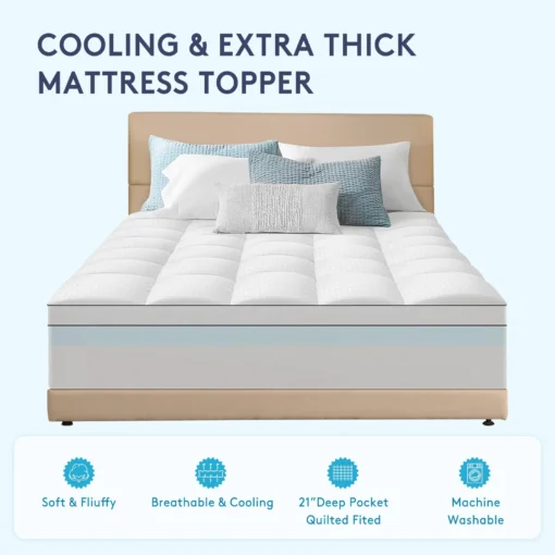 bed topper mattress pad white color on white mattress all on brown bed in a nice room, with a cushion and four pillows, 100% premium cotton back pain relief and nice night sleep with the extra thick mattress topper