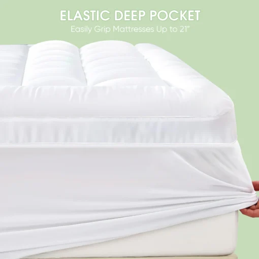 fitted mattress topper bed topper mattress pad white color on white mattress, back pain, comfort and support to the mattress, Crafted with premium materials, moisture-wicking fabric keeps you cool and comfortable